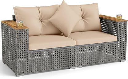 Tangkula 62.5" Large Patio Wicker Loveseat with Acacia Wood Armrests & Cup Holders, Outdoor 2-Piece Rattan Corner Sofa with Cushions, Sectional Conversation Set for Garden Backyard Porch Balcony