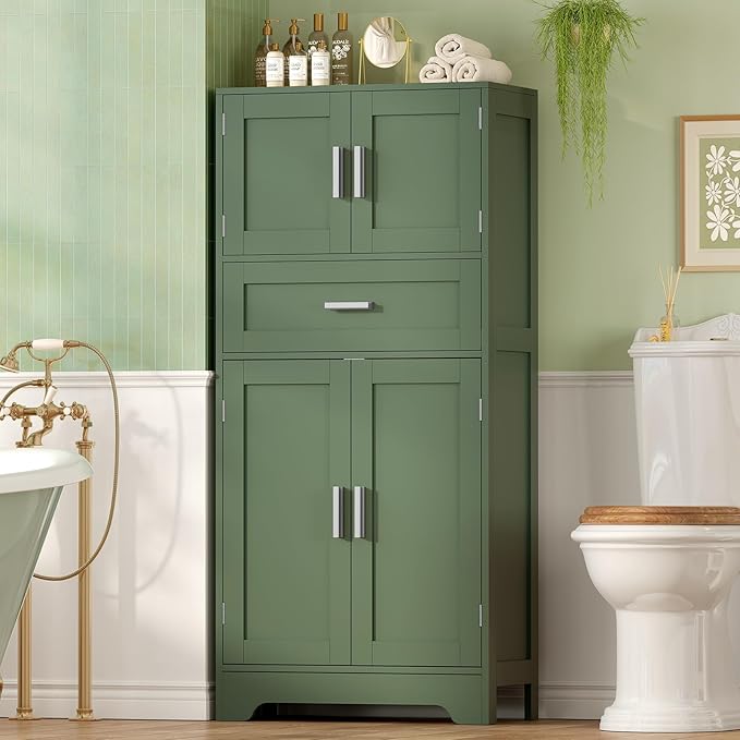 Bathroom Floor Storage Cabinet with Adjustable Shelf, Freestanding Storage Cabinet with 4 Doors, Cupboard for Living Room, Home Office, Entryway, Forest Green