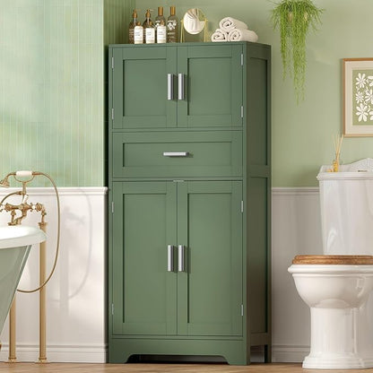 Bathroom Floor Storage Cabinet with Adjustable Shelf, Freestanding Storage Cabinet with 4 Doors, Cupboard for Living Room, Home Office, Entryway, Forest Green