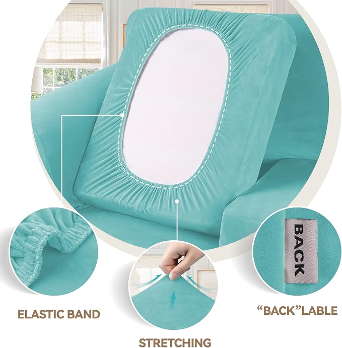 WEERRW Velvet Stretch 3 Pieces Couch Cover for Sofa Washable, Aqua | Love Seat Couch Covers for 2 Cushion Couch Sofa Furniture Protector slipcoves with Elastic Bottom for Kids, Medium