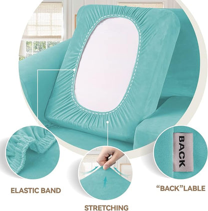 WEERRW Velvet Stretch 3 Pieces Couch Cover for Sofa Washable, Aqua | Love Seat Couch Covers for 2 Cushion Couch Sofa Furniture Protector slipcoves with Elastic Bottom for Kids, Medium