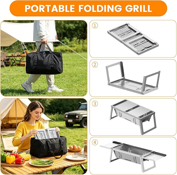 Foldable Stainless Steel Charcoal Grill, Ultra-Portable Mini BBQ Grill with Adjustable Heat, Tabletop Barbecue Grill for Camping, Picnic, Backyard, Terrace & Travel