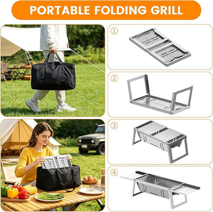 Foldable Stainless Steel Charcoal Grill, Ultra-Portable Mini BBQ Grill with Adjustable Heat, Tabletop Barbecue Grill for Camping, Picnic, Backyard, Terrace & Travel