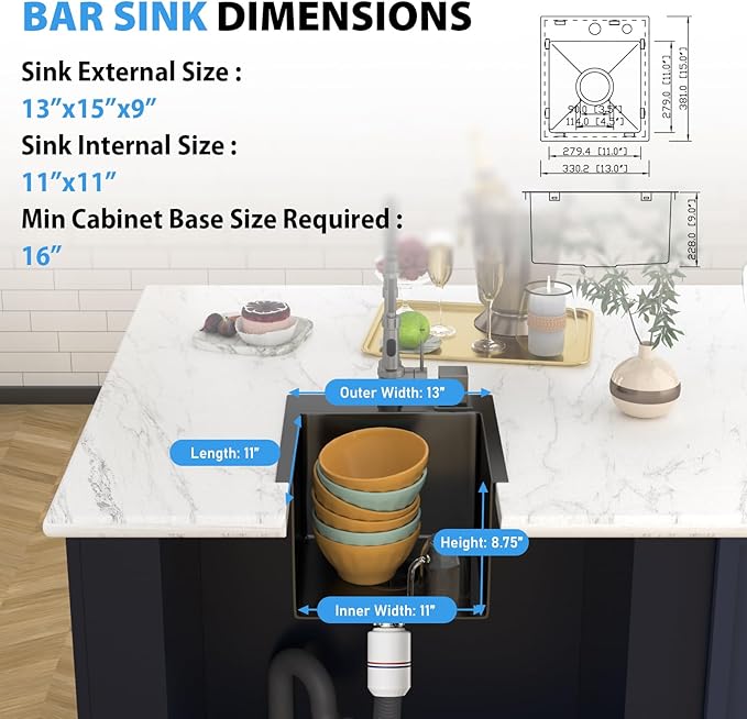 13 In Gunmetal Black Drop Bar Sink 13 x 15 Inch Kitchen Sink 18 Gauge Stainless Steel Single Bowl Topmount Handmade Sink for Outdoor, RV, 13x15x9