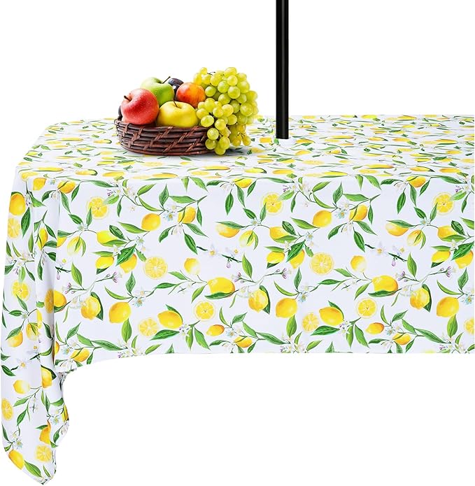 SquarePie Outdoor Tablecloth with Umbrella Hole Rectangle - 60x84 Inch Water Resistant SpillProof Zippered Patio Table Cover for Spring Summer Garden Camping Poolside Picnic, Summer Lemon