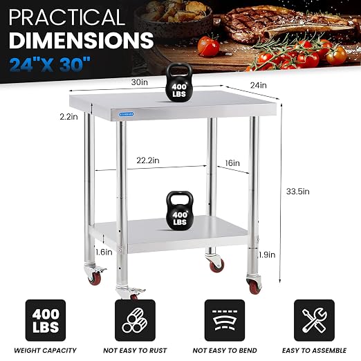 KUARBARR Stainless Steel Table for Prep & Work with 4 Caster Wheels with Adjustable Undershelf 24 x 30 NSF Metal Commercial Kitchen Worktable for Restaurant Home Outdoor | Prep & Work
