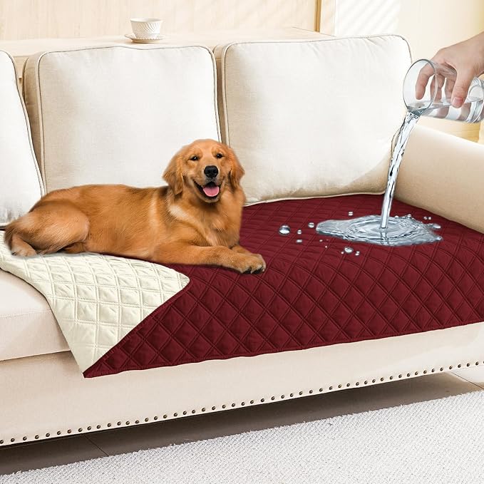 Smiry Waterproof Reversible Pet Couch Covers for Dogs | Pet Friendly, Soft Fabric, Washable Sofa Furniture Protector for Dogs Cat Kids, Checkered (30"x70", Wine Red/Beige)