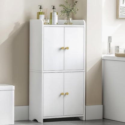 HEXCELEN Small Storage Cabinet, Modern Minimalism, White | Bathroom Storage Cabinet, 4 Doors, Floor Bathroom Organizer Freestanding, For Small Spaces, Living Room, Kitchen, Entryway