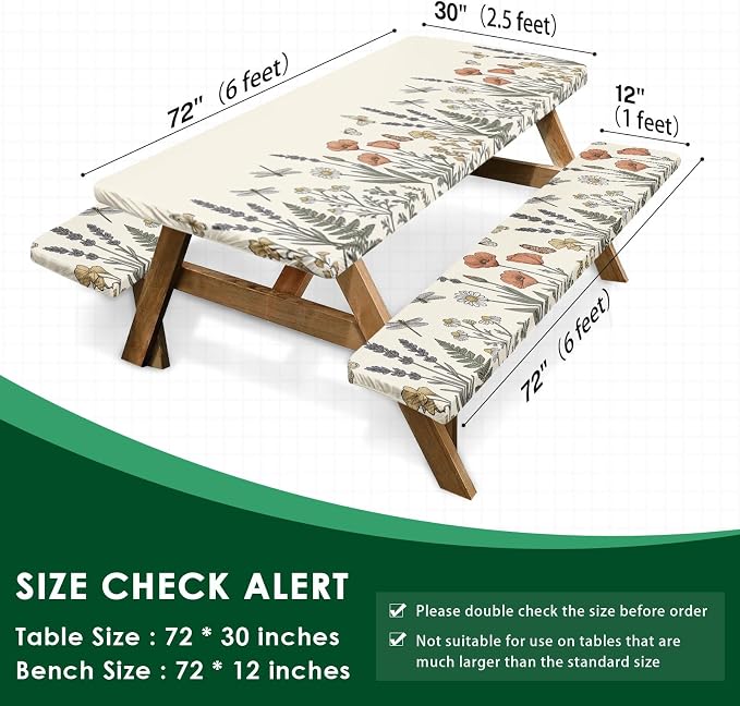 Picnic Table Cover with Bench Covers, Botanical Camper, 72 Inch | 3PCS Waterproof Elastic Edges Fitted Tablecloth Outdoor Camping Essentials with Drawstring Bag