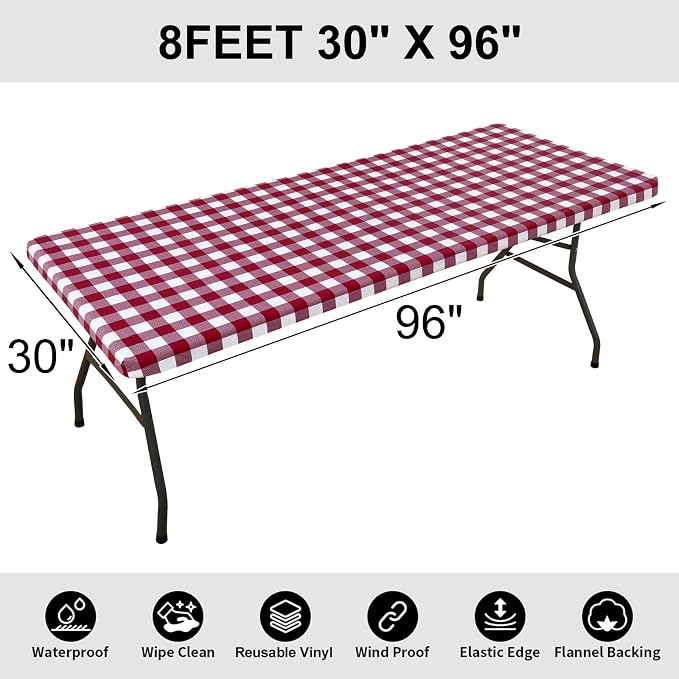 Smiry Rectangle Picnic Table Cloth, Elastic Waterproof Fitted Vinyl Tablecloths, Flannel Backed Buffalo Plaid Table Covers for Dining, Camping, Outdoor (Burgundy and White, 30" x 96")