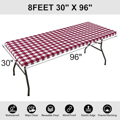 Smiry Rectangle Picnic Table Cloth, Elastic Waterproof Fitted Vinyl Tablecloths, Flannel Backed Buffalo Plaid Table Covers for Dining, Camping, Outdoor (Burgundy and White, 30" x 96")