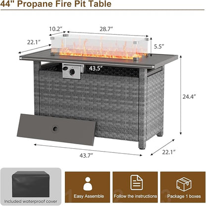 44" Fire Pit Table with Wind Guard for Outdoor, Auto-Ignition Propane Gas Firepits Rattan Rectangular Table for Outside Patio 60,000 BTU, Gray