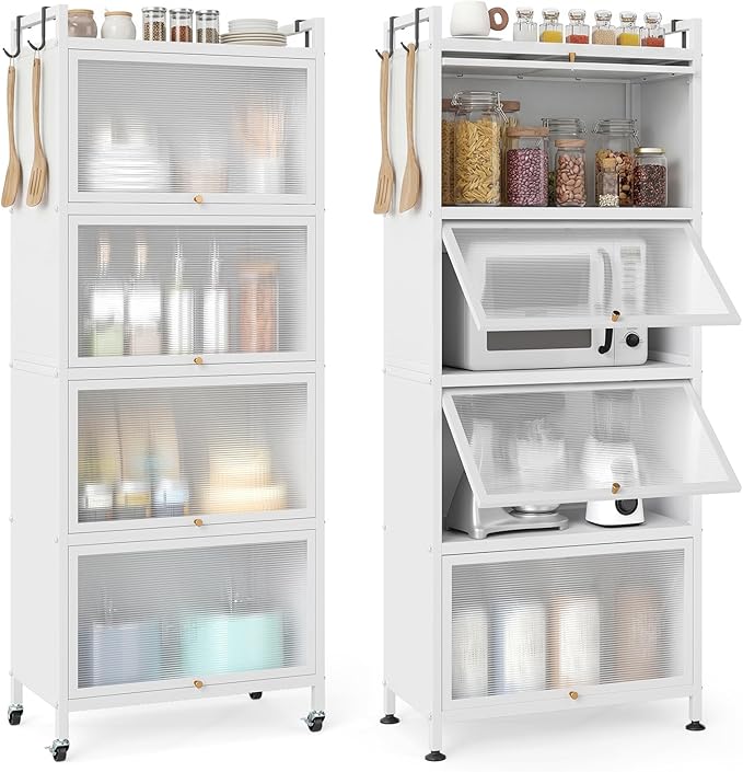 Giantex 5-Tier Kitchen Storage Cabinet, Mobile Microwave Stand with Flip-up PC Doors, Freestanding Kitchen Bakers Rack with 4 Rolling Casters, for Dining Room, Living Room and Study (White)