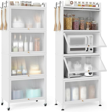 Giantex 5-Tier Kitchen Storage Cabinet, Mobile Microwave Stand with Flip-up PC Doors, Freestanding Kitchen Bakers Rack with 4 Rolling Casters, for Dining Room, Living Room and Study (White)