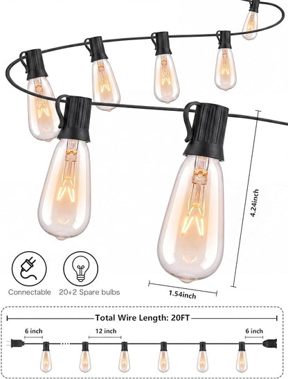 SUNSGNE 20FT Edison String Lights with 22 7W Clear Edison Bulbs, ST40 Patio Outdoor String Lights for Christmas Hanging Backyard Porch Balcony Party Decoration Lights, E17/C9 Socket Base, Black Wire