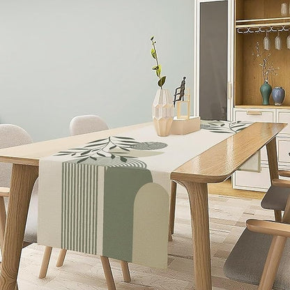 Boho Leaves Table Runner Sage Green Mid Century Modern Abstract Arch Geometric Minimalisted Spring Seasonal Dinner Runner for Farmhouse Kitchen Dining Home Holiday Party 13x36in