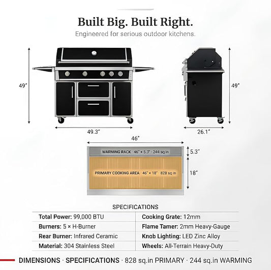 LPG 4 Cast Burners Outdoor Kitchen Grill Island, 99,000 BTU, Black Painting