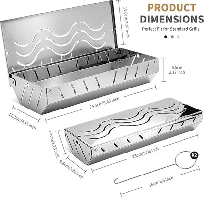 2PCS Stainless Steel Smoker Box for Weber, Gas Grill Smoker Box with 2 Hooks, Wood Chip Box for Pellet Grill, Durable BBQ Smoking Accessory for Outdoor Cooking,Grilling Gifts for Men