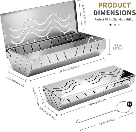 2PCS Stainless Steel Smoker Box for Weber, Gas Grill Smoker Box with 2 Hooks, Wood Chip Box for Pellet Grill, Durable BBQ Smoking Accessory for Outdoor Cooking,Grilling Gifts for Men
