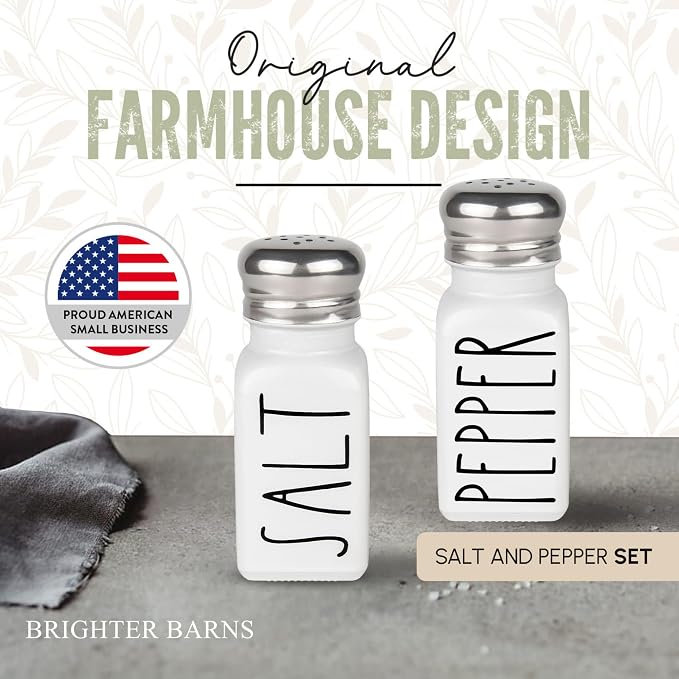 White Salt and Pepper Shakers Set with Holder by Brighter Barns - Farmhouse Salt Shakers with Caddy and Stainless Steel Lids - Cute Neutral Kitchen Decor for Vintage Home, Restaurants, Gifts (White)