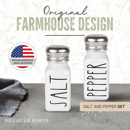White Salt and Pepper Shakers Set with Holder by Brighter Barns - Farmhouse Salt Shakers with Caddy and Stainless Steel Lids - Cute Neutral Kitchen Decor for Vintage Home, Restaurants, Gifts (White)