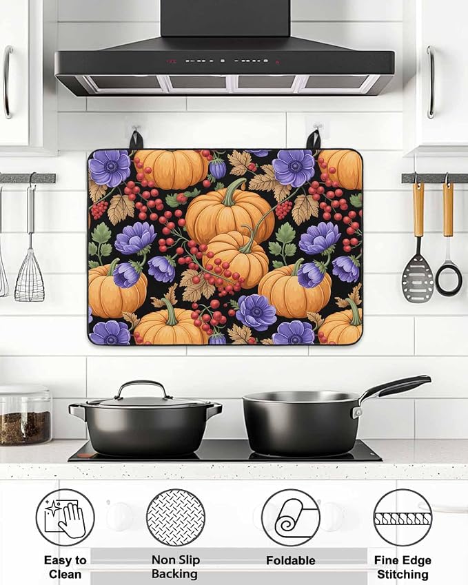 Orange Pumpkin Fall Stove Top Cover for Electric Stove,Thanksgiving Purple Floral Berry Farmhouse Heat-proof & Non Slip Glass Top Stove Cover Protector,Kitchen Flat Cooktop Rubber Mat 28.5x20.5 Inches