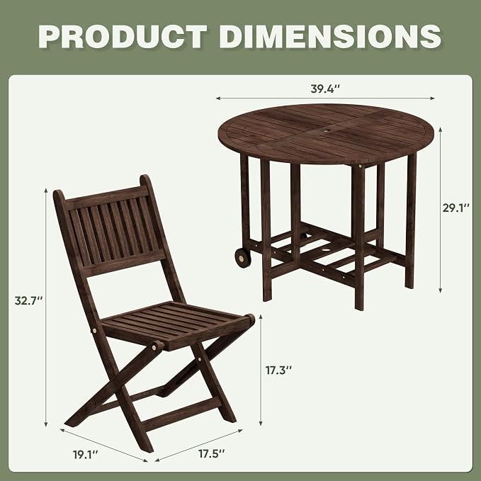 Greesum 5-Piece Outdoor Patio Dining Set, Acacia Wood Folding Bistro Set, All-Weather Furniture with Round Table & Chairs for Garden, Deck, Balcony, Pool, Dark Brown