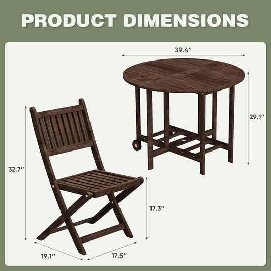 Greesum 5-Piece Outdoor Patio Dining Set, Acacia Wood Folding Bistro Set, All-Weather Furniture with Round Table & Chairs for Garden, Deck, Balcony, Pool, Dark Brown
