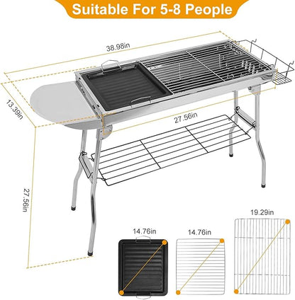 KOCASO Portable Charcoal Grill with Large BBQ Area, Stainless Steel Grill - Non-Stick Frying Pan and Active Air Vent Design - Ideal for Outdoor Adventures, Picnics, and Gatherings