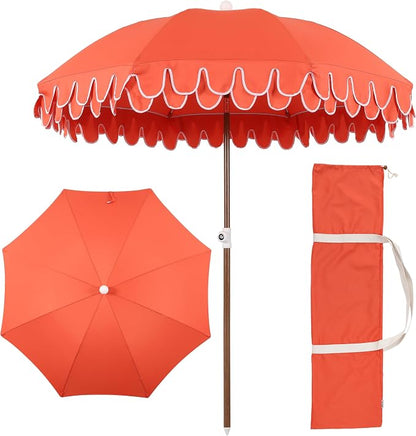 JONATHAN Y Horizon 6.5 ft. Scalloped Fringe Beach Umbrella, Coral Red | UV 50 Sun Protection, Push Button Tilt, Matching Carry Bag, Brown Wood Finish Pole, Wind Vent, 8 Fiberglass Ribs, Pointed End