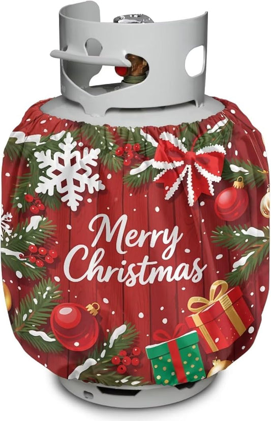 Merry Christmas Propane Tank Cover 20lb Christmas Gas Tank Cylinder Cover for Outdoor Easy to Install RV Gas Cylinder Storage Pocket for Yard Party RV Travel Trailer