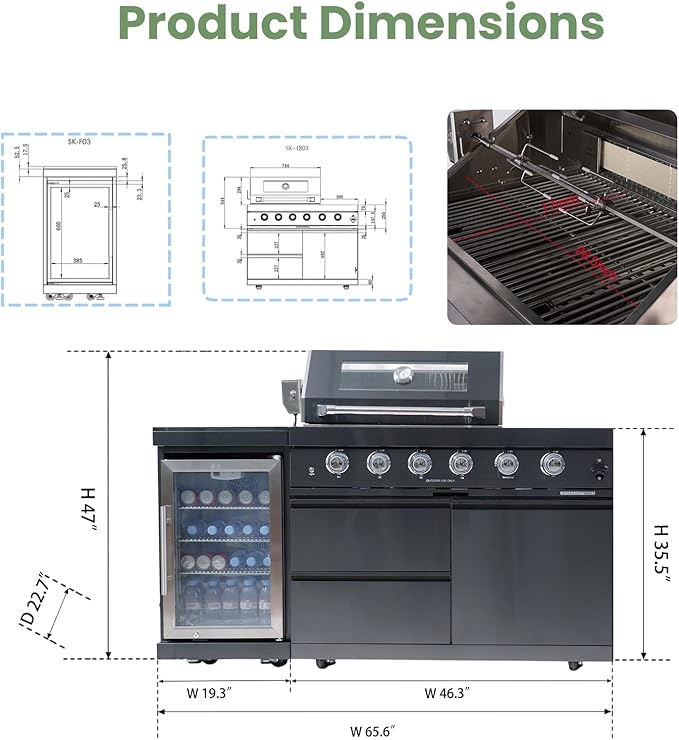 Outdoor Natural Gas Grill Island with Side Burner,Refrigerator,4-Burner 72,000 BTU BBQ Grill,Infrared Rotisserie, Granite Countertop,Outdoor Kitchen Grill.(Black+65 in)