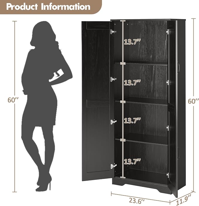 IDEALHOUSE 60" Tall Pantry Cabinet | Kitchen Storage Cabinet with 2 Doors & Adjustable Shelves, Wooden Cupboard for Bathroom，Dining Room, Living Room, Black