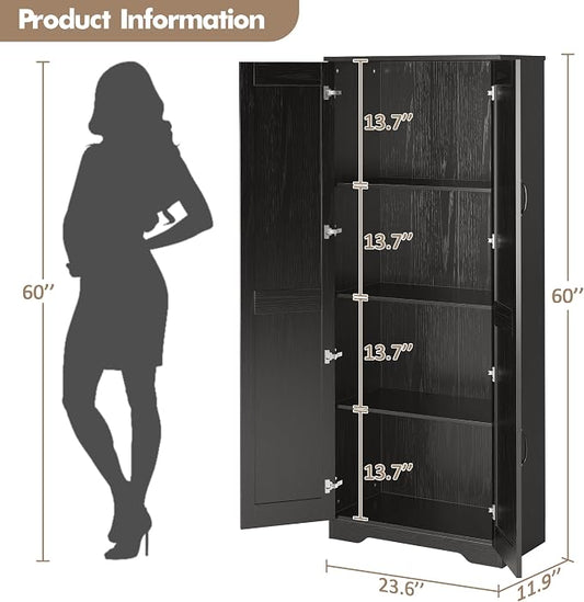 IDEALHOUSE 60" Tall Pantry Cabinet | Kitchen Storage Cabinet with 2 Doors & Adjustable Shelves, Wooden Cupboard for Bathroom，Dining Room, Living Room, Black