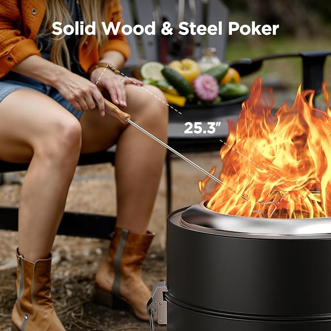 Ciays 19 Inch Smokeless Firepit, Portable for Outside Camping, Black | 19 Inch Smokeless Fire Pit for Camping with Steel Grill Rack, Fire Poker, and Bag, Easy Setup and Storage, Wood Burning