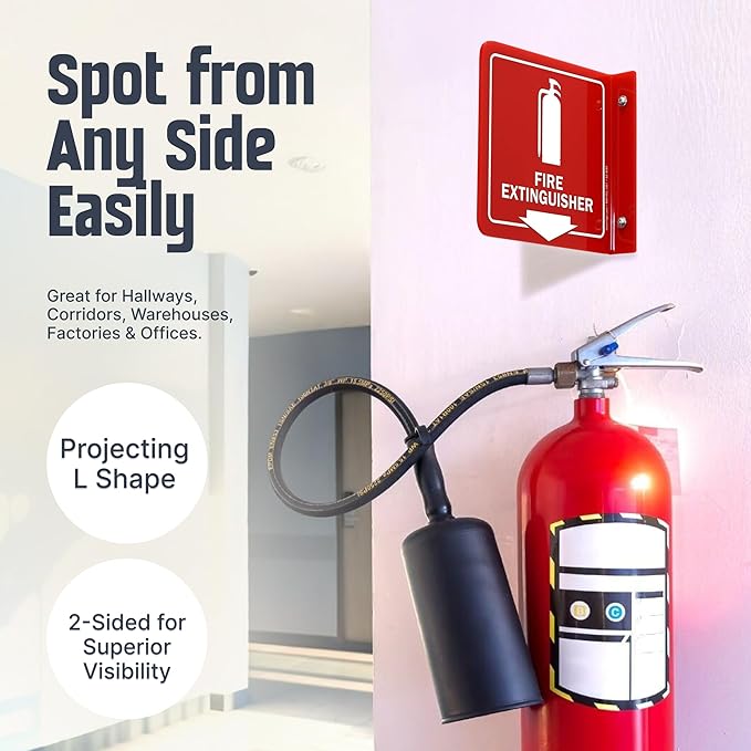 SmartSign (4-Pack) Fire Extinguisher Projecting Sign - 6" x 6", Two-Sided Wall Mount Polished Acrylic Hallway Sign with Down Arrow, White on Red