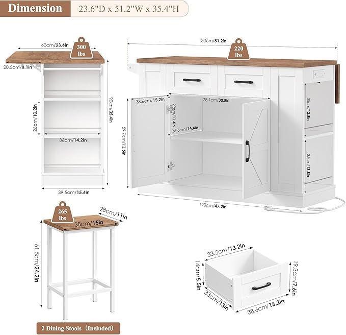 Kitchen Storage Island with 2 Stools, 51.2” Mobile Kitchen Cart with Drop Leaf & Power Outlet, Rolling Island Table Dining Room Buffet with 2 Drawers & Side Storage Rack &Towel Rack, White