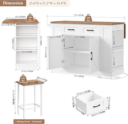 Kitchen Storage Island with 2 Stools, 51.2” Mobile Kitchen Cart with Drop Leaf & Power Outlet, Rolling Island Table Dining Room Buffet with 2 Drawers & Side Storage Rack &Towel Rack, White