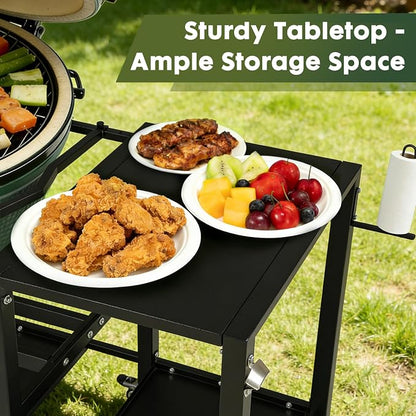 Outdoor Grill Table for Big Green Egg, BBQ Cart with Lockable Wheels | Suitable for Various Sizes of Green Egg Nest Grill Racks, Storage Rack & Bottle Opener, Prep Cooking Station for Party, Black