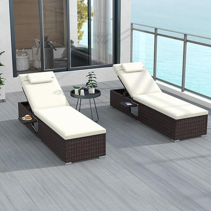 Tangkula Patio Chaise Lounge, Outdoor Rattan Lounge Chair w/ 6-Level Backrest, Comfy Seat Cushion & Headrest, Sturdy Metal Frame, Outside Reclining Chair for Backyard, Poolside (1, Off White)