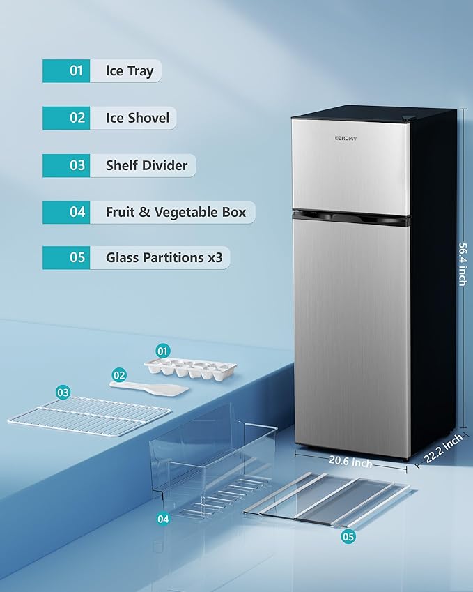 EUHOMY 7.4 Cu.Ft. Refrigerator with Freezer, 2 Door Fridge, Large Capacity, Adjustable Thermostat for Kitchen/Dorm/Apartment/Garage - Food Storage or Cooling Drinks, Silver