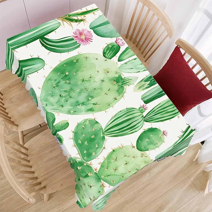 Cactus Dinner Tablecloth Table Cover, Blooming Cactus Succulents Flowers Green 52x70 Inch Table Cloth Dust-Proof Table Cover Protector for Home Restaurant Picnic Camping BBQ