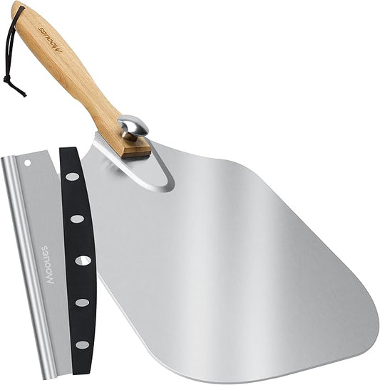 Mooues Pizza Peel Aluminum 17 inch Pizza Spatula with Rocker Cutter | Metal Pizza Paddle(12"x 17") Foldable Wood Handle, [Storage bag included], for Family Pizza Oven Baking Pizza, Dough& Pastry