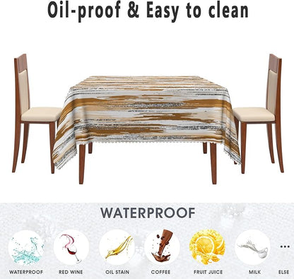 Abstract Striped Square Tablecloth 60x60 Inch Brown and White Old Texture Grunge Stripes Vintage Mosaic Dust-Proof Table Cover Protector for Home Kitchen Restaurant Picnic Camping BBQ