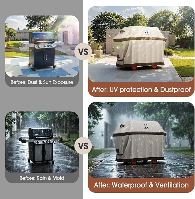 HAMLER Grill Cover 58 Inch, Heavy Duty Waterproof BBQ Covers, Gas Grill Covers Fits Weber Spirit, Weber Genesis, Char-Broil, Nexgrill, Brinkmann, Brown & Beige