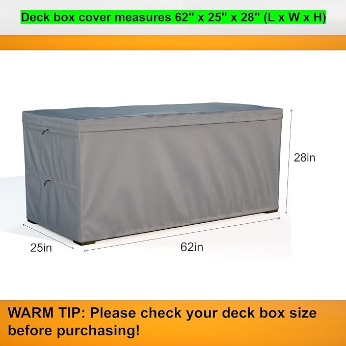 Deck Box Cover - Outdoor Storage Box Cover 150 Gallon, Heavy Duty 600D Oxford Cloth Water And Dust Resistant, Size 62x25x28 Inches Fits Most Patio Box.
