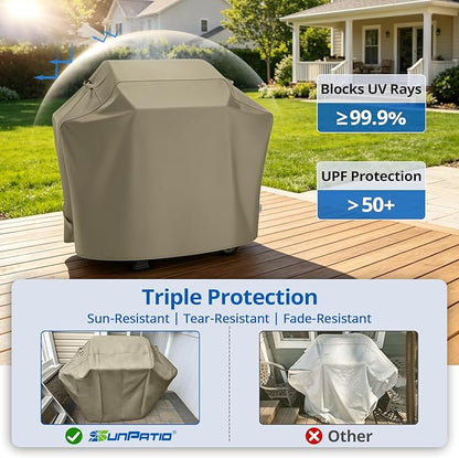 SunPatio Grill Cover 48 Inch for Outdoor Grill, Heavy Duty BBQ Cover with Waterproof Sealed Seam, FadeStop Material, All Weather Resistant Compatible for Weber CharBroil Nexgrill and More, Taupe