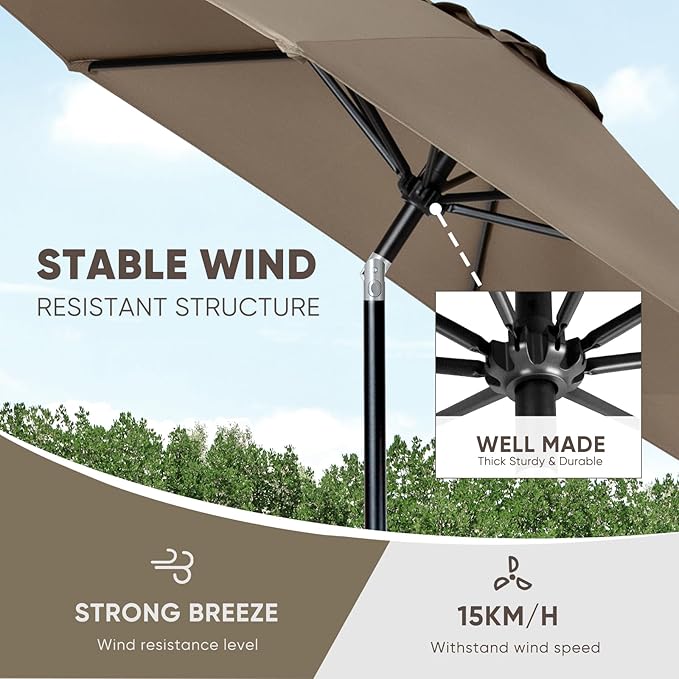Tempera Patio Market Outdoor Table Umbrella with Push Button Tilt and Crank, Large Sun Umbrella with Sturdy Pole & Fade Resistant Canopy, Easy to Set