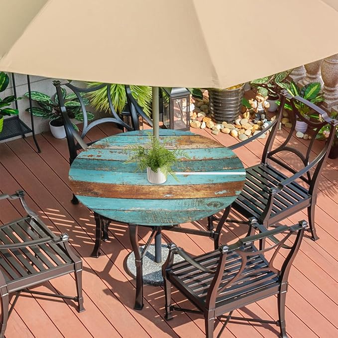 Teal Wooden Texture Outdoor Fitted Round Tablecloth with Umbrella Hole, 36"-44" Elastic Patio Table Cloth with Zipper Oil-Proof Waterproof Patio Table Cover for Picnic Party Spring Decoration