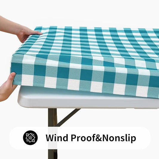 Smiry Rectangle Picnic Table Cloth, Elastic Waterproof Fitted Vinyl Tablecloths, Flannel Backed Buffalo Plaid Table Covers for Dining, Camping, Outdoor (White and Turquoise, 30" x 96")